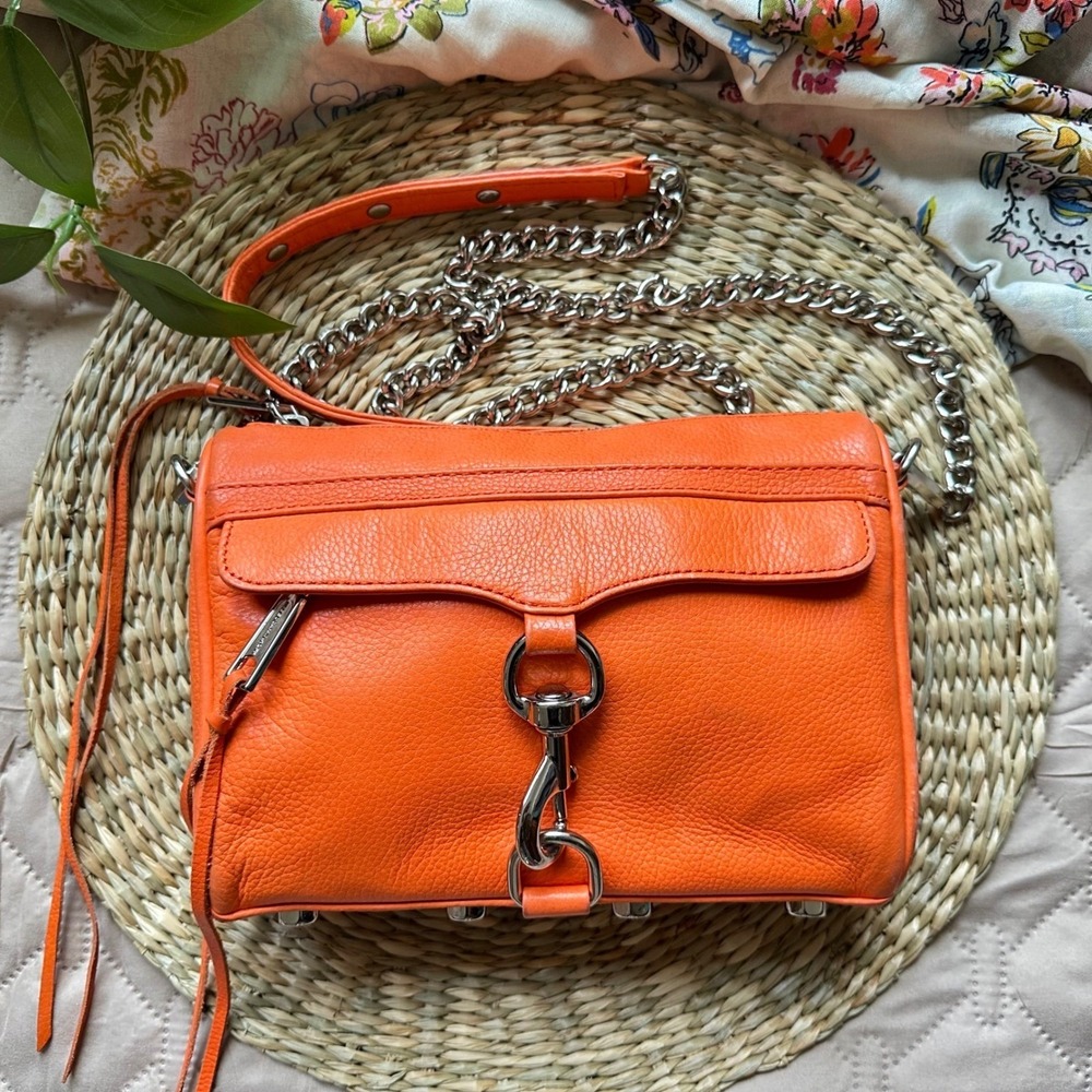 Rebecca‎ Minkoff Mini MAC Crossbody Bag Orange Pebbled Leather Silver Hardware